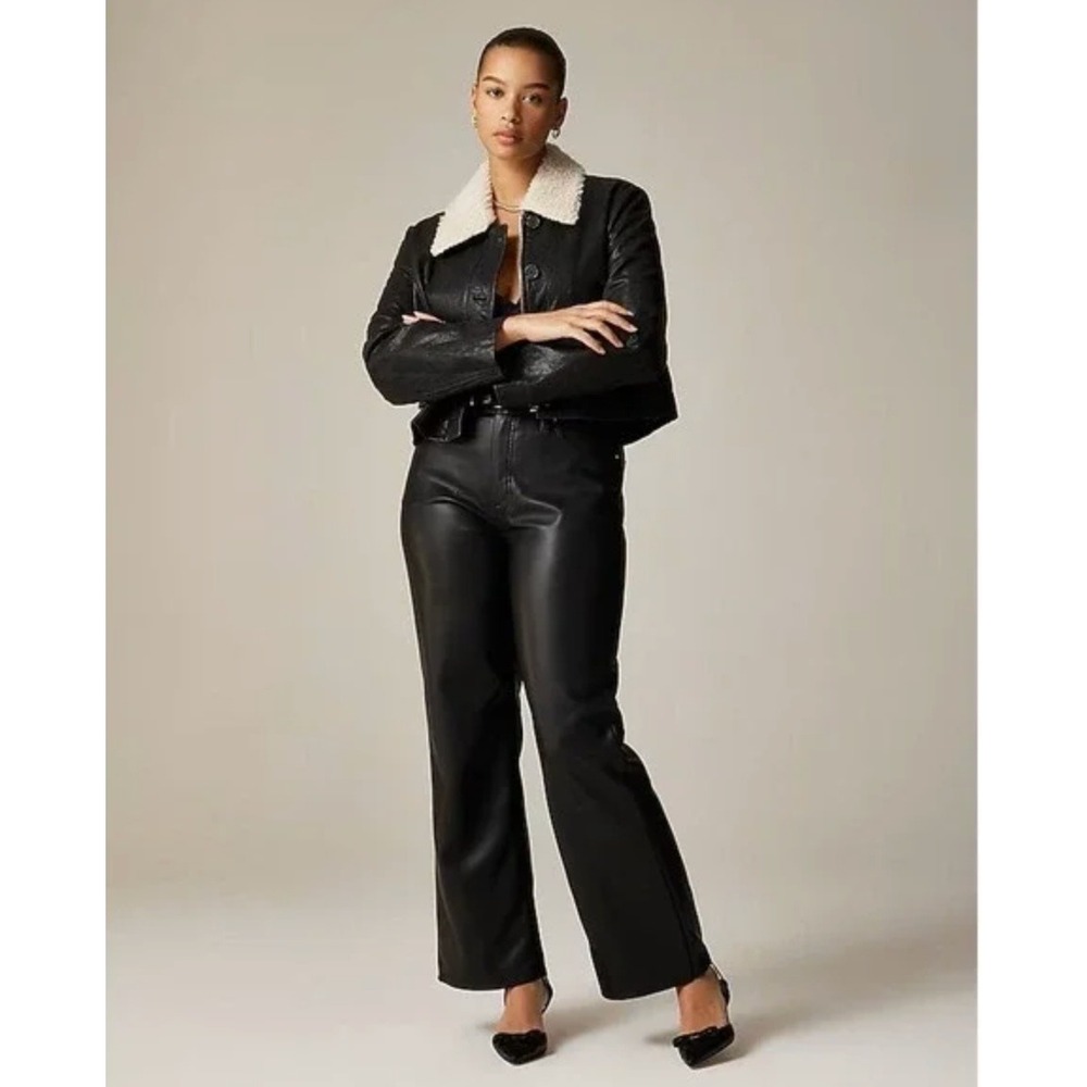 J. Crew Womens Slim Wide Leg Pant in Faux Leather Size 32P Black Office Work